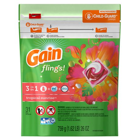 UPC 037000916239 product image for Gain Flings! Laundry Detergent Pacs, Tropical Sunrise | upcitemdb.com