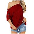 thumbnail image 1 of CHGBMOK Plus Size Womens Tops Fashion Womens Solid Color Off The Shoulder Button Short Sleeve Tops Blouses Summer Beach Tops on Clearance, 1 of 6