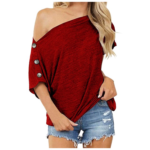 CHGBMOK Plus Size Womens Tops Fashion Womens Solid Color Off The Shoulder Button Short Sleeve Tops Blouses Summer Beach Tops on Clearance