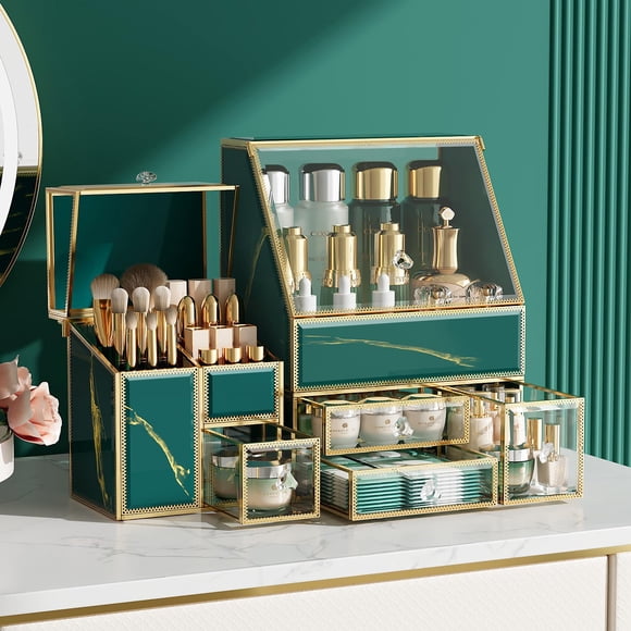 CoralHouse Organisateur de Maquillage, Organisateur de Cosmétiques, Organisateur de Soins de la Peau, Organisateur de Maquillage pour Coiffeuse, Organisateur de Brosses, Organisateurs de Maquillage en Verre Haute Dureté