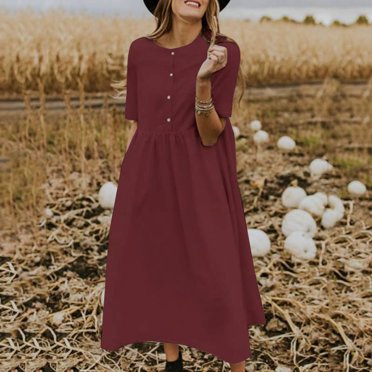 Meichang Linen Dresses for Women 2024 Casual Cotton Linen Dresses Plus Size Solid Round Neck Short Sleeve Maxi Dresses Loose Button Dresses Long Summer Wine XL