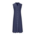 thumbnail image 4 of Ovzne Robes pour Femmes Robe Femme Femme Été Coton et Lin Couleur Unie Décontractée Col Rabattu Sans Manches Robe à Boutons Robe de Vacances Liquidation, 4 of 6