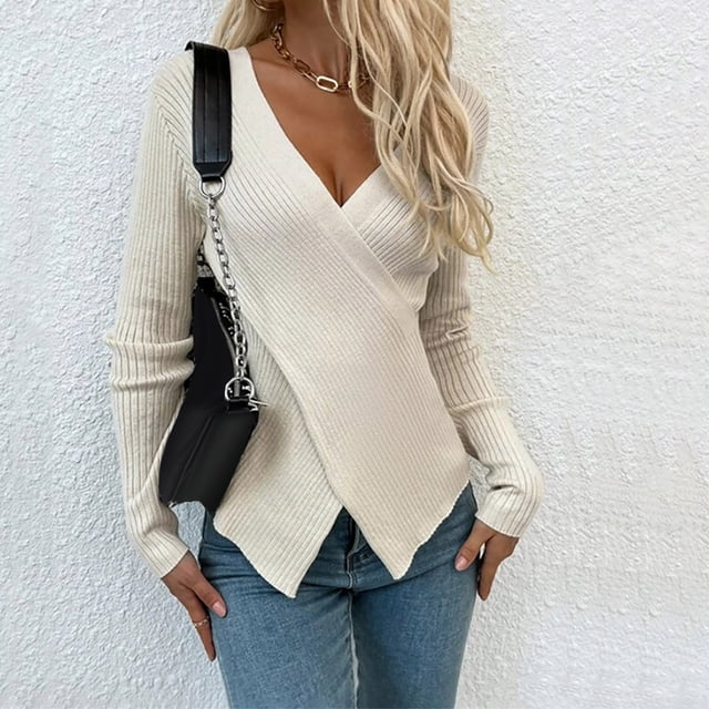 RKSTN Chandails pour Femmes Mode Hiver Uni Manches Longues Chandail Col en V Décontracté Hauts de Chandail Chandails d'Automne