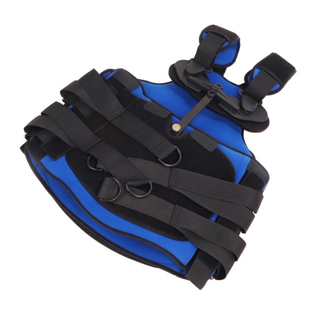 Back Support, Black Thoracolumbar Fixation Brace by Vobor-CA, designed for thoracic spine abnormalities, spinal hunchback, slight scoliosis support, compression fractures, or spinal treatment. Made from composite cloth and moldable board, featuring adjustable straps and a black and blue design for secure fit and support.