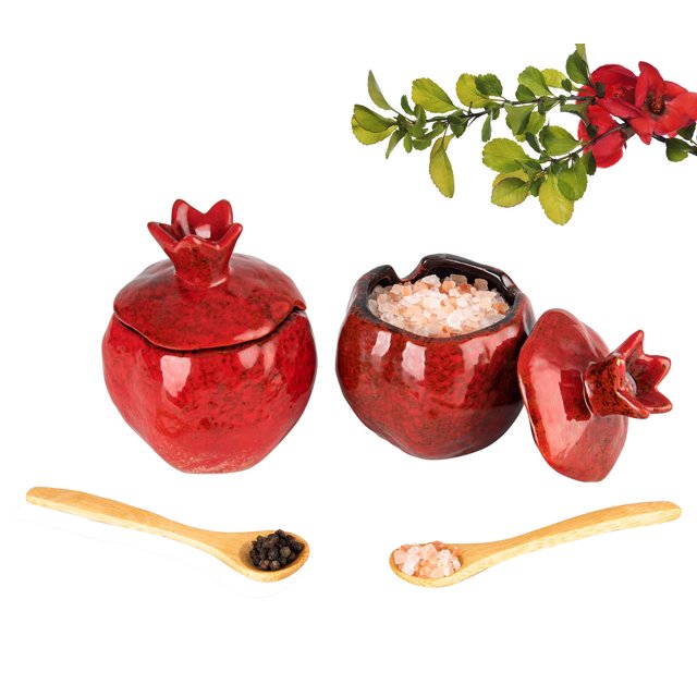 GABROC Boîte à Sel 2 Pcs Récipient à Sel Bol à Sel Rouge avec Couvercle Cuillère en Céramique en Forme de Grenade