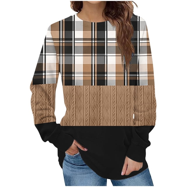 KIHOUT Chandails de Mode pour Femmes, Blouse Décontractée à Manches Longues à Carreaux Patchwork Imprimés, Col Rond, Coupe Ample, Chandail à Enfiler, Tailles P-2TG