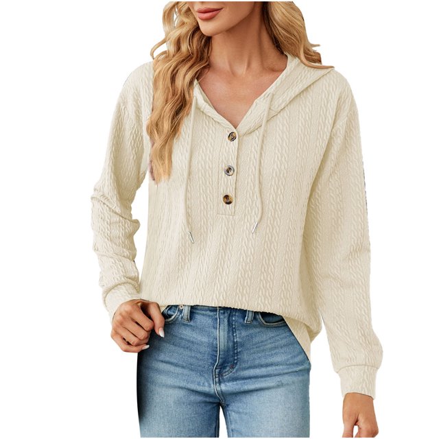 Yuyuzo Womens Fall Sweatshirts Drawstring V Neck Buttons Long Sleeve Textured Knit Pullover Tops