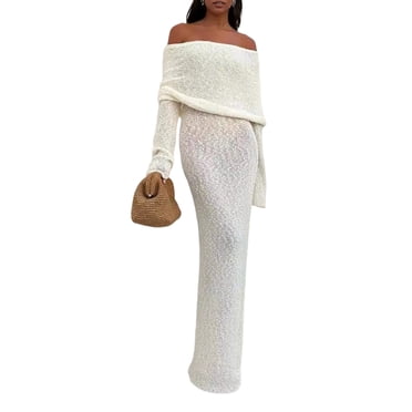 Robe Chandail Moulante à Épaules Dénudées d'Automne pour Femme, Formelle, Manches Longues, Élégante, Boîte de Nuit, Fête, Midi, Maxi, Blanche, P