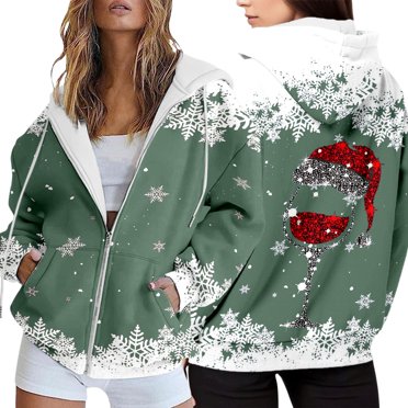 HNMKIU Black Hoodie Women's Christmas Printed Hoodie With Casual Loose Zipper Hoodie