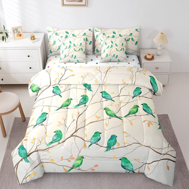Erosebridal Ensemble de Literie Vert avec Oiseaux, Format Simple, Branches et Feuilles, 7 Pcs