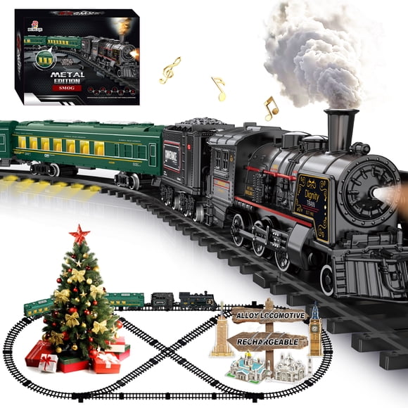 Ensembles de Train Électriques pour Enfants Locomotive à Vapeur en Alliage Métallique Voitures de Passagers Lumineuses Rails de Luxe