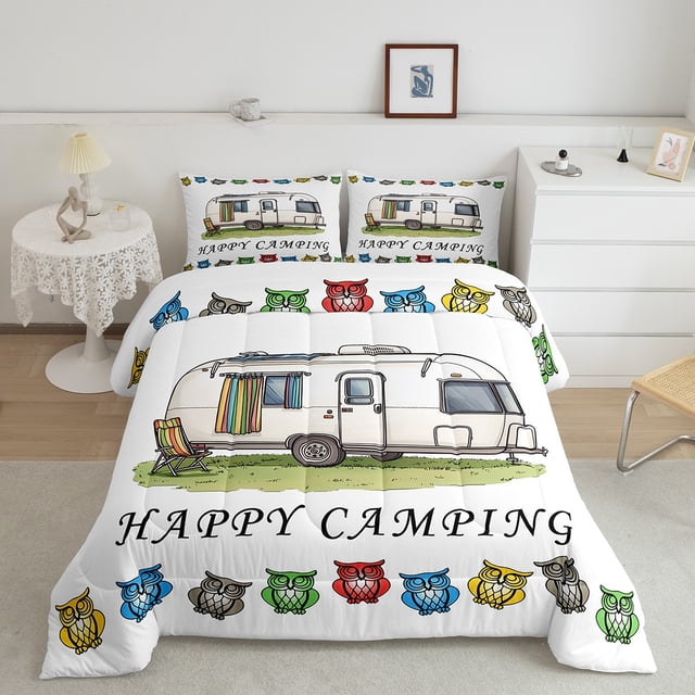 Erosebridal RV Car Bedding Full Comforter Set, Colorful Owl Down Comforter, Happy Camping Decor, Reversible 3 Pieces