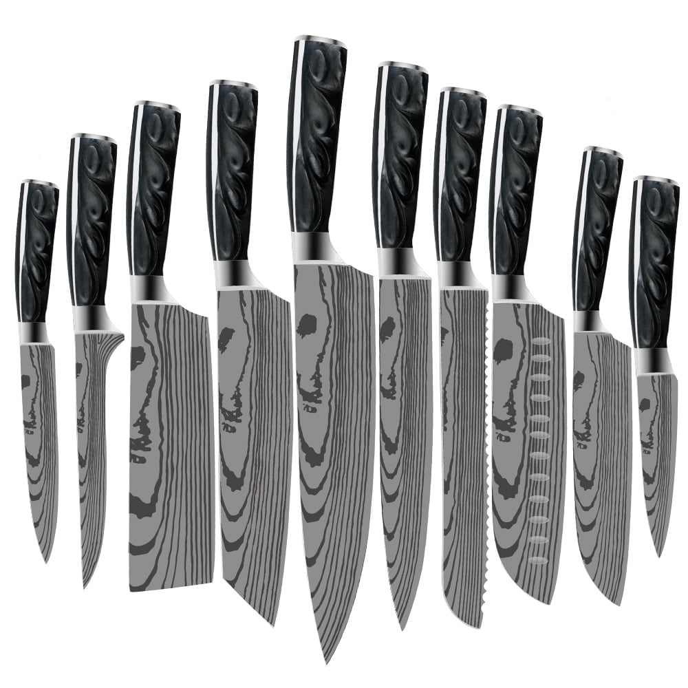10Pcs Japanese Knife Set Damascus Laser Professional Kitchen Knives High Carbon Stainless Steel Chef Knife Slicing Cutter Tools