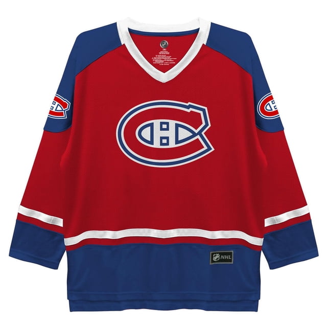 NHL Men's Montreal Canadiens Jersey with a front-facing view, featuring a red torso and navy blue shoulders and hem. It displays a large Canadiens logo on the chest, smaller logos on each sleeve, a white V-neck collar, and white stripes above navy blue cuffs and hem. Suitable for fans and sports memorabilia collectors.
