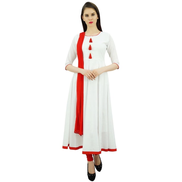Atasi Robe en Coton Ethnique Indienne pour Femmes, Costume Anarkali Blanc Salwar - 6