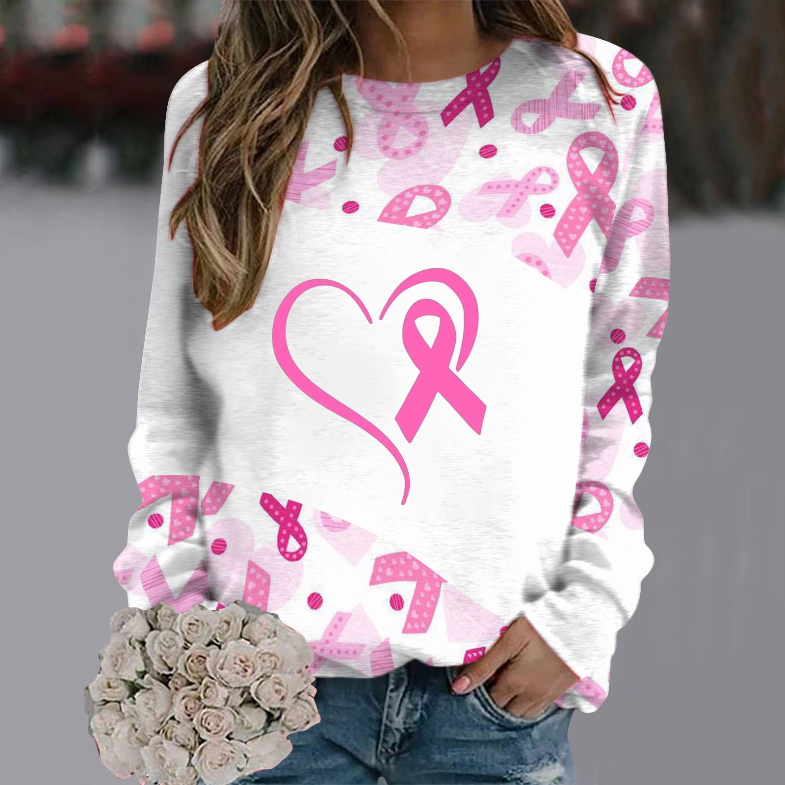 EQWLJWE T-Shirts de Cancer du Sein pour Femmes Automne Ruban Rose Graphique Pull Décontracté Manches Longues Col Rond Sensibilisation au Cancer du Sein T-Shirt Survivant Cadeau Manches Longues pour Femmes