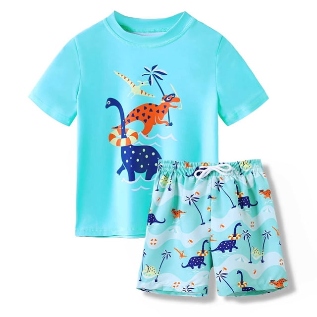 JTieacloth Boys' Cartoon Dinosaur 2 Piece Swimsuit Set | Quck Dry Rash Guard & Swim Trunks For Beach Pool,Sizes 3-4 Years