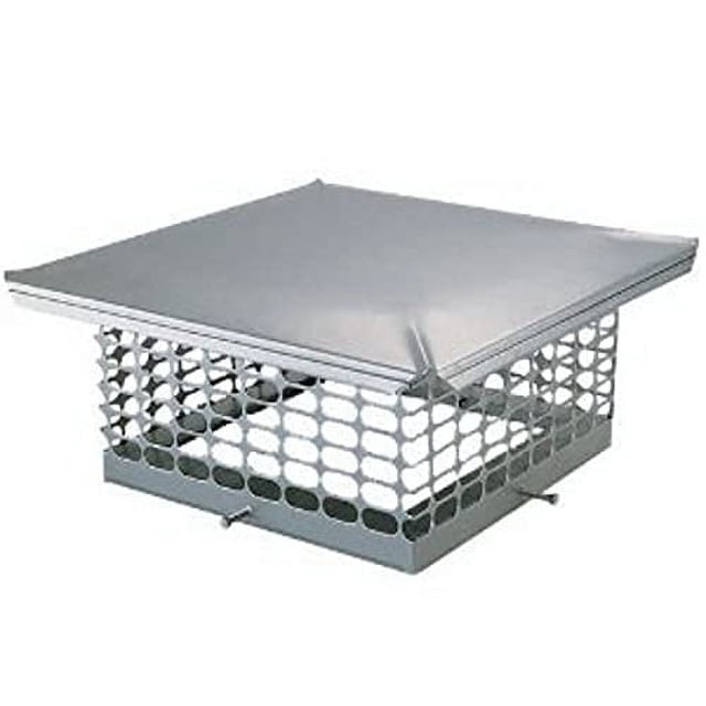 20 x 20 Single Flue Stainless Steel Chimney Cap. Patented 2-Piece design with one-piece base and built-in 8" high animal-proof screening, superior 3/4" oval hole mesh to reduce creosote buildup; fits flue sizes 17.5"–20.5" (44.5–52 cm), hood 28" x 28" (71 x 71 cm). Often used to protect exterior flue openings on outdoor fireplaces or sheds.