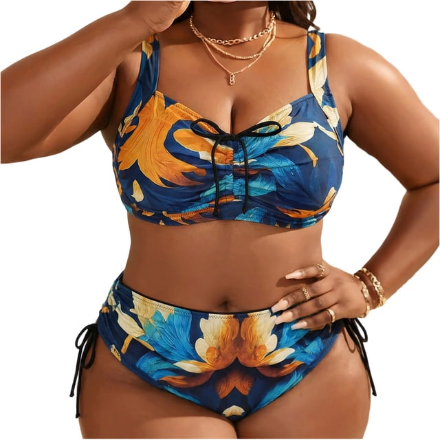 Plus Size Swimsuit for Women with Adjustable Side Ties, Ruching and Wide Straps, Two-Piece Bikini Set in Flattering Prints for Beach and Pool