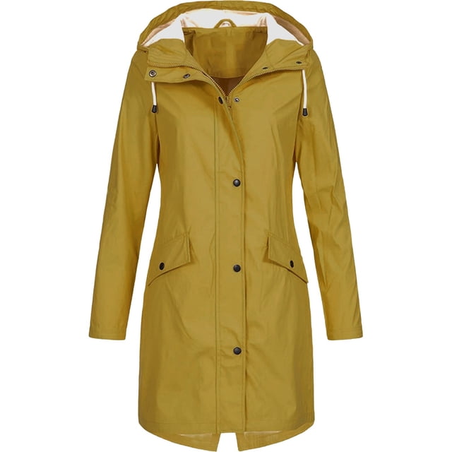 hoksml Women Plus Size Rain Jacket Solid Outdoor Hooded Drawstring Full Zipper Buttons Raincoat Long Windproof Pockets Coats S-5XL