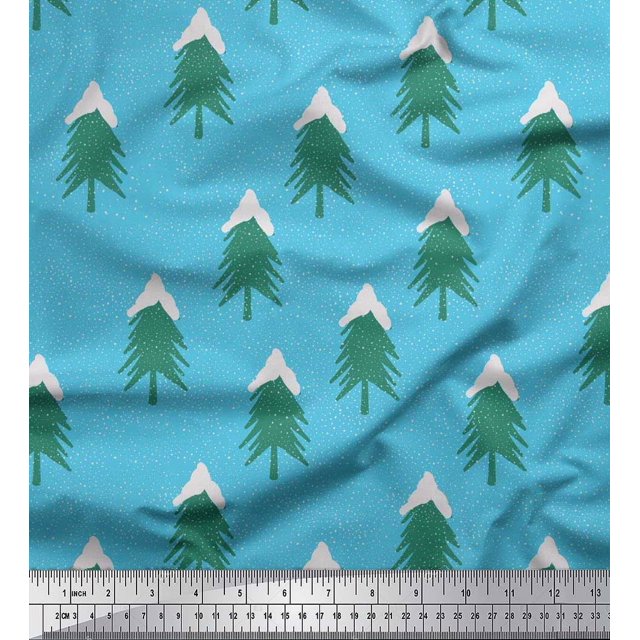 Soimoi Polyester Crepe Fabric Snow & Tree Christmas Printed Fabric 1 Yard 52 Inch Wide