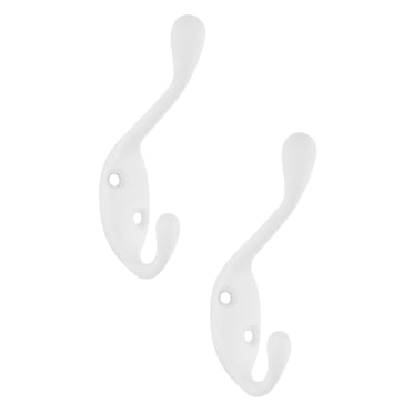 Era Double Hook White, 2 Prong Metal Hook  Wall Mounted with Screws  2-Pack.