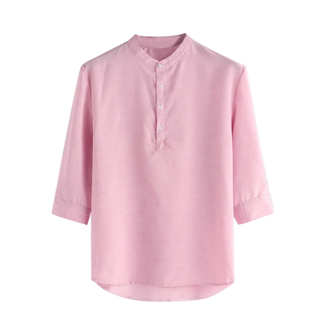 Birdeem Chemise Décontractée à Manches Mi-Longues en Lin Col Montant pour Hommes