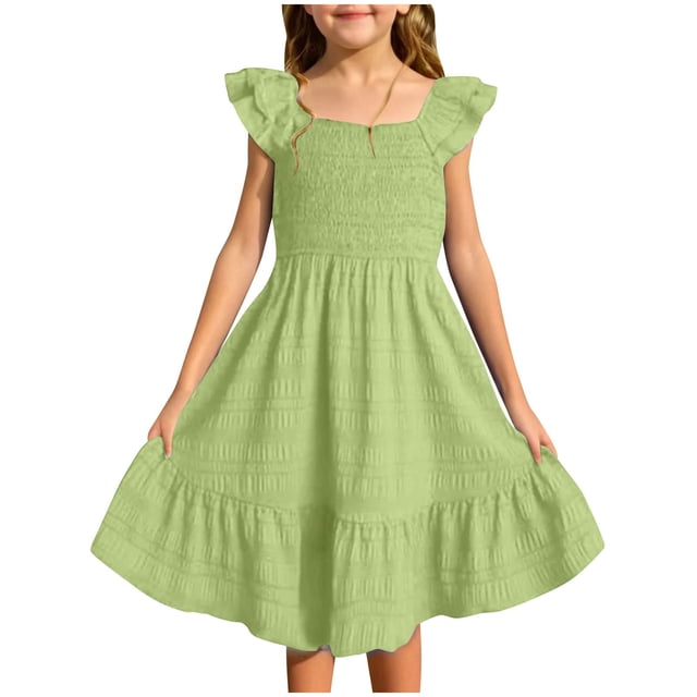 MIASHUI Robes pour Filles Manches à Volants Robe d'Été Décontractée, Vert Clair, 4-5 Ans