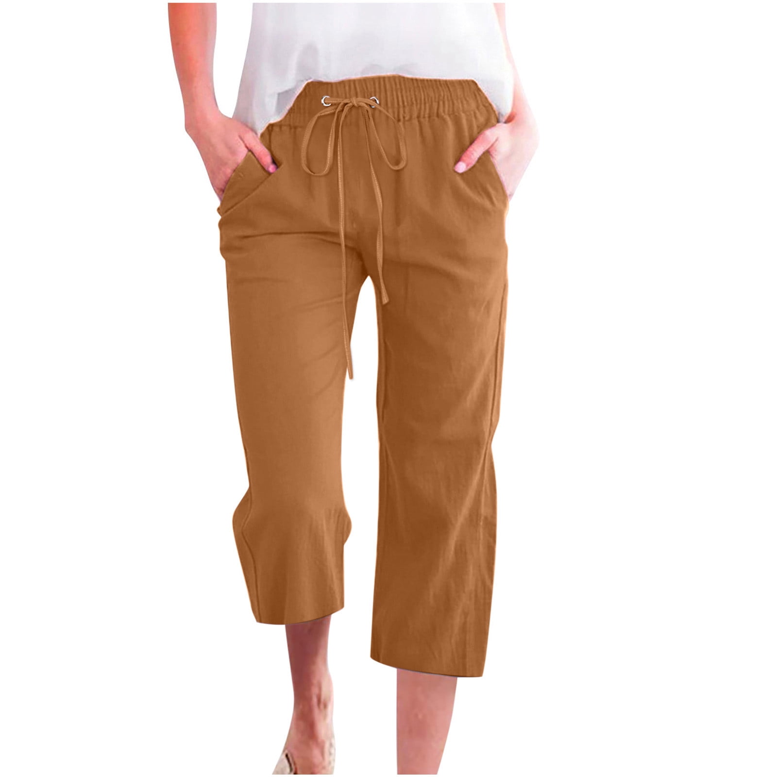 Timegard Womens Plus Size Pants Capris Cotton Linen Solid Color Casual Loose Cropped Trousers with Pockets