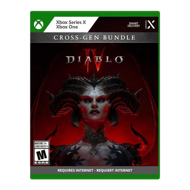 Diablo® IV - Cross-Gen Bundle (XBX) Xbox Series X and Xbox One game cover featuring a dark demonic figure with large curved horns and detailed armor on a red background, rated mature 17+ and requiring internet connection.
