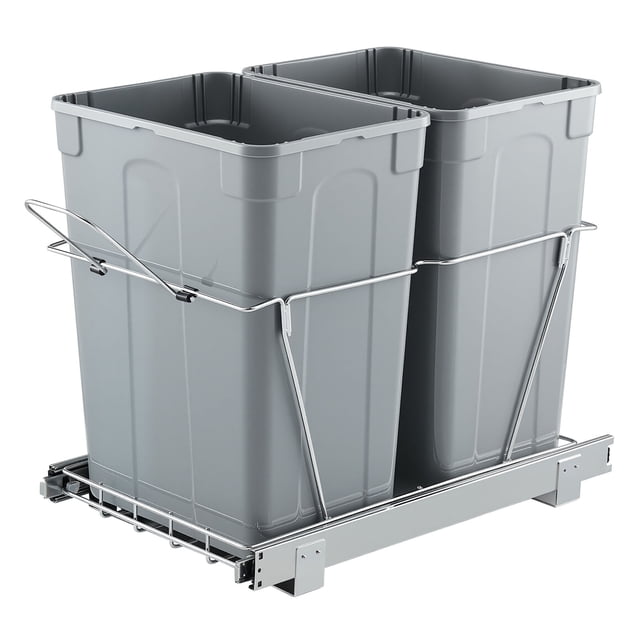 VEVOR Double 35QTx2 Pullout Waste Container Under Cabinet Kitchen Trash Can Soft Close front-facing view of a dual 35QT under-cabinet pull-out unit with two rectangular PP bins mounted on iron rails, visible steel ball-bearing slide tracks and a front handle for smooth soft-close operation; item size about 550 x 350 x 480 mm (21.65 x 13.78 x 18.90 in), designed for space-saving kitchen organization and waste sorting and suitable for sorting recyclables while keeping bins concealed in base cabinets.