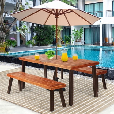 Costway Ensemble de Pique-Nique 3 Pcs Table en Bois d'Acacia Banc avec Pieds en Acier pour Terrasse Extérieure