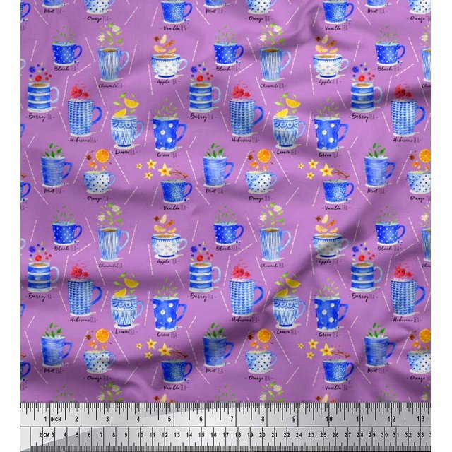 Soimoi Poly Georgette Fabric Spices & Tea Cup Watercolor Printed Fabric 1 Yard 52 Inch Wide