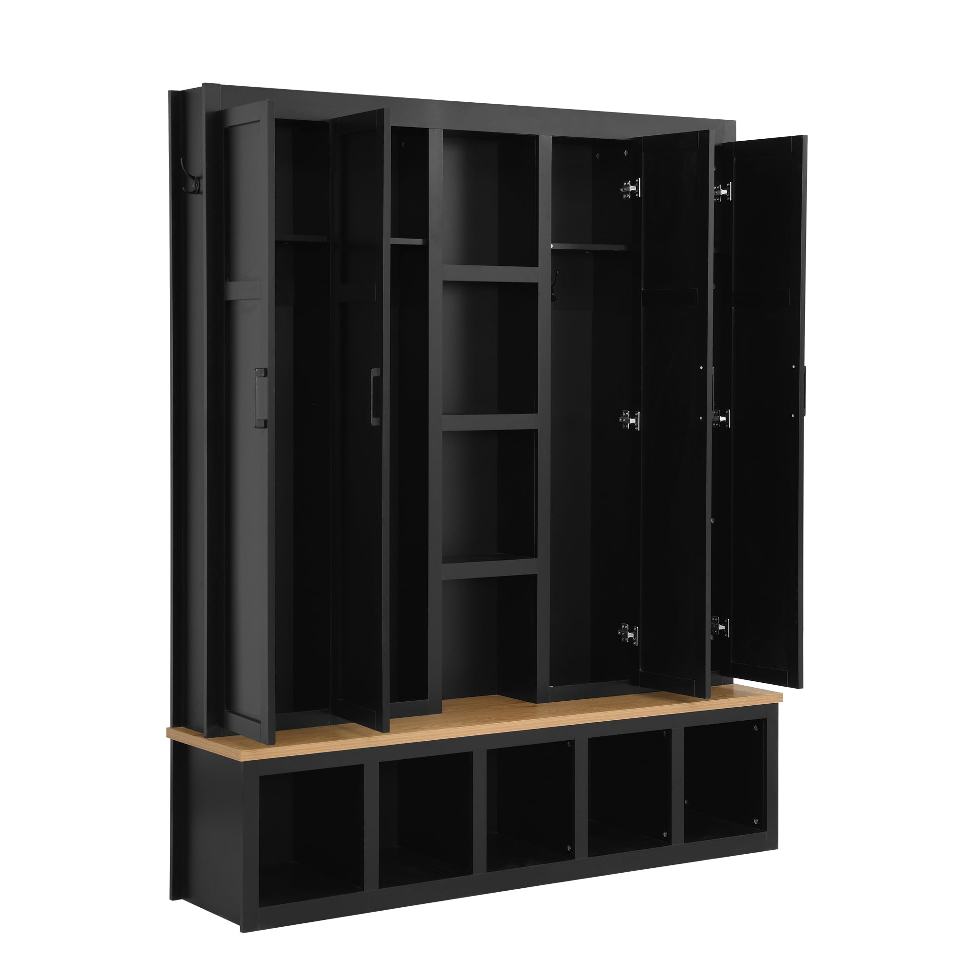 Noble House, Arbre d'entrée de style ferme de 62,9" avec 6 crochets, banc au grain de bois et armoire à chaussures pour l'entrée et la salle de vie, noir