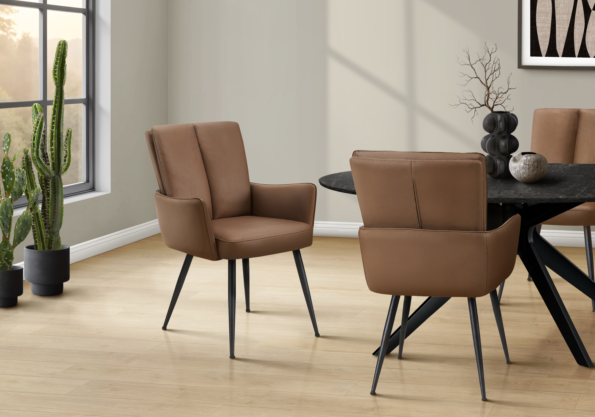 Monarch Specialties - Chaise, 36" De Haut, Ensemble De 2, Rembourré, Coté, Salle À Manger, Cuisine, Aspect Cuir Marron, Métal Noir, Contemporain, Moderne