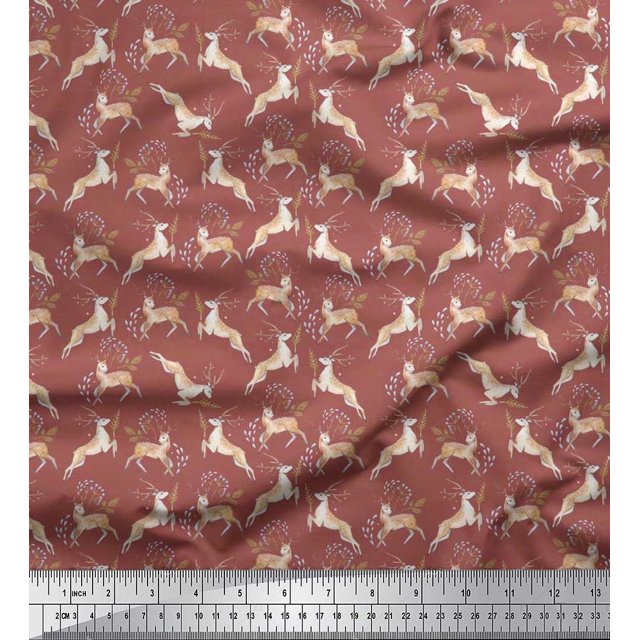 Soimoi Satin Silk Fabric Leaves & Reindeer Animal Decor Fabric Printed Yard 42 Inch Wide