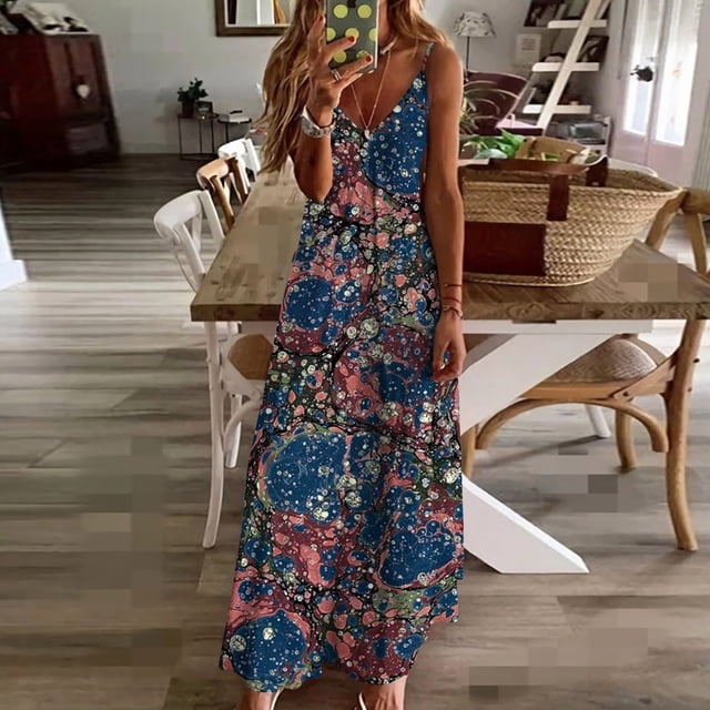 SMihono Robe Maxi Bohème d'Été pour Femmes Grande Taille Mode Femme Bretelles Taille Mi-Haute Col en V Sans Manches Rayée Imprimée Robe Longue de Plage