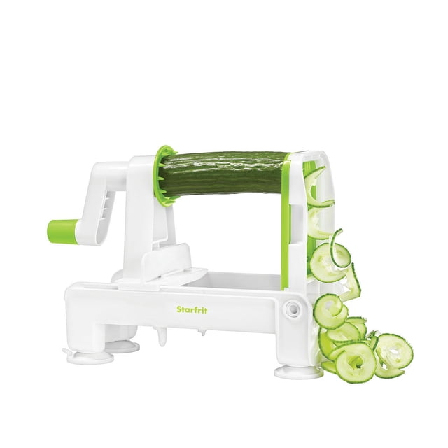 Starfrit Spiraliseur Pliable avec Cadre en Plastique Blanc et Vert, Pieds à base d'Aspiration et Manivelle, Spiralisant un Concombre en Fines Tranches Bouclées, Idéal pour Préparer des Nouilles de Légumes Saines et des Coupes en Spirale avec Rangement Facile.