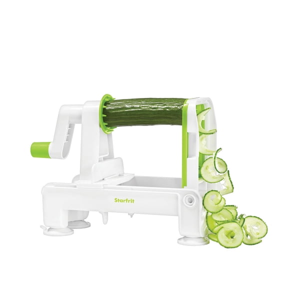 Starfrit Coupe-Spirales Repliable, 3 Lames Interchangeables, Design Compact, Pieds Ventouses, Plateau de Rangement Sécuritaire, Pour Nouilles de Légumes et Tranches Spirales