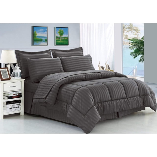 8-Piece Bed-In-A-Bag Comforter - Silky Soft Stripe Design Comforter ,Bed Sheet Set ,With Double Sided Storage Pockets, King/Cal King, Gray