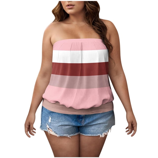 Posijego Women's Tube Tops Plus Size Going out Strapless Tank Top Striped Color Block Sleeveless Shirts