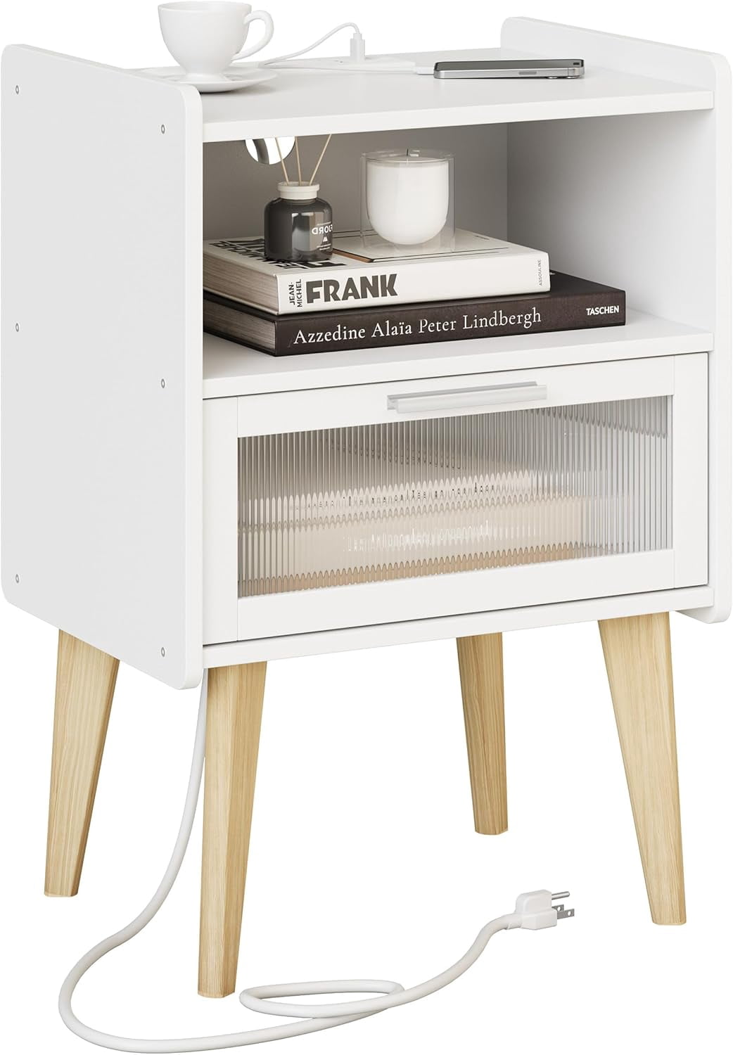 Table de Nuit avec Station de Charge, Tables de Chevet avec Porte Décorative en Verre, Table d'Appoint avec 2 Niveaux d'Espace de Rangement, pour Chambre, Salon, Blanc CAMLBZ07WE