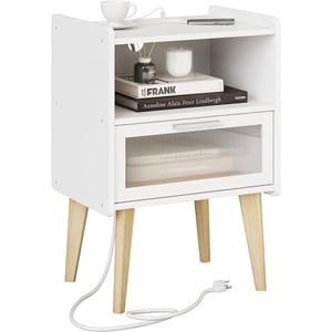 Nightstand with Charging Station, Bedside Tables with Glass Decorative Door, End Table Side Table with 2 Tiers Storage Space, for Bedroom, Living Room, White CAMLBZ07WE