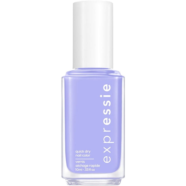 essie expessie quick-dry nail polish in a clear rectangular glass bottle with a white cap, showing a lavender purple shade, labeled with the brand name and quick dry nail color text, designed for fast drying and easy application with a patented angled brush, suitable for quick nail care and polish touch-ups
