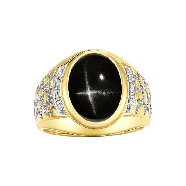 RYLOS Men's Rings 14K Yellow Gold Nugget Ring with Cabochon Gemstone & Diamonds Black Star Sapphire Rings For Men Size 10