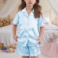 thumbnail image 4 of BLVB Girls Pajamas Satin Pajama Set Silk Pjs Short Sleeve Button down Shirts Summer Ruffle Sleepwear for Big Kids 5-15Y, 4 of 6