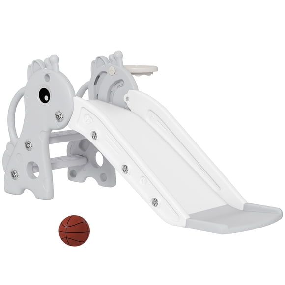 Qaba Kids Slide with Climber and Basketball Hoop, 3 in 1 Baby Slide, Grey