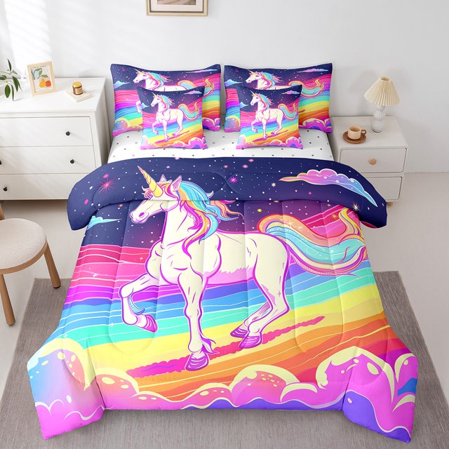 YST 7pcs Cartoon Unicorn Comforter Set Bed in a Bag, Twin Size, 3D Rainbow Fantasy