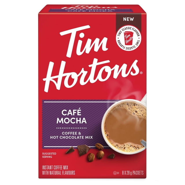 TIM HORTONS Sachet café Moka avec une Boîte Rouge Présentant le logo TIM HORTONS, Mélange Instantané Étiqueté café Moka et Chocolat Chaud, Montrant une Tasse Vapeur de Moka, Grains de café et Morceaux de Chocolat, Contenant 8 Sachets de 28 Grammes Chacun, Idéal pour une Préparation Rapide de Boissons au café Aromatisées.