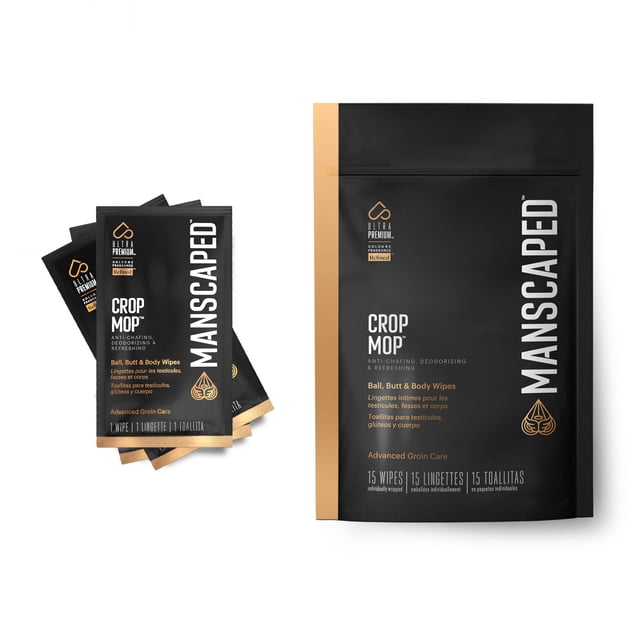 MANSCAPED® Crop Mop™ Individually Wrapped Ball Wipes, a 15-pack of male body wipes designed for groin hygiene. The image shows the product packaging, featuring a sleek black and gold design with the MANSCAPED® logo and product details prominently displayed. The wipes are formulated with cooling aloe vera for cleaning, moisturizing, and deodorizing, offering anti-chafing benefits. The pack includes individually wrapped wipes for on-the-go convenience, suitable for use at the gym, office, or outdoors.